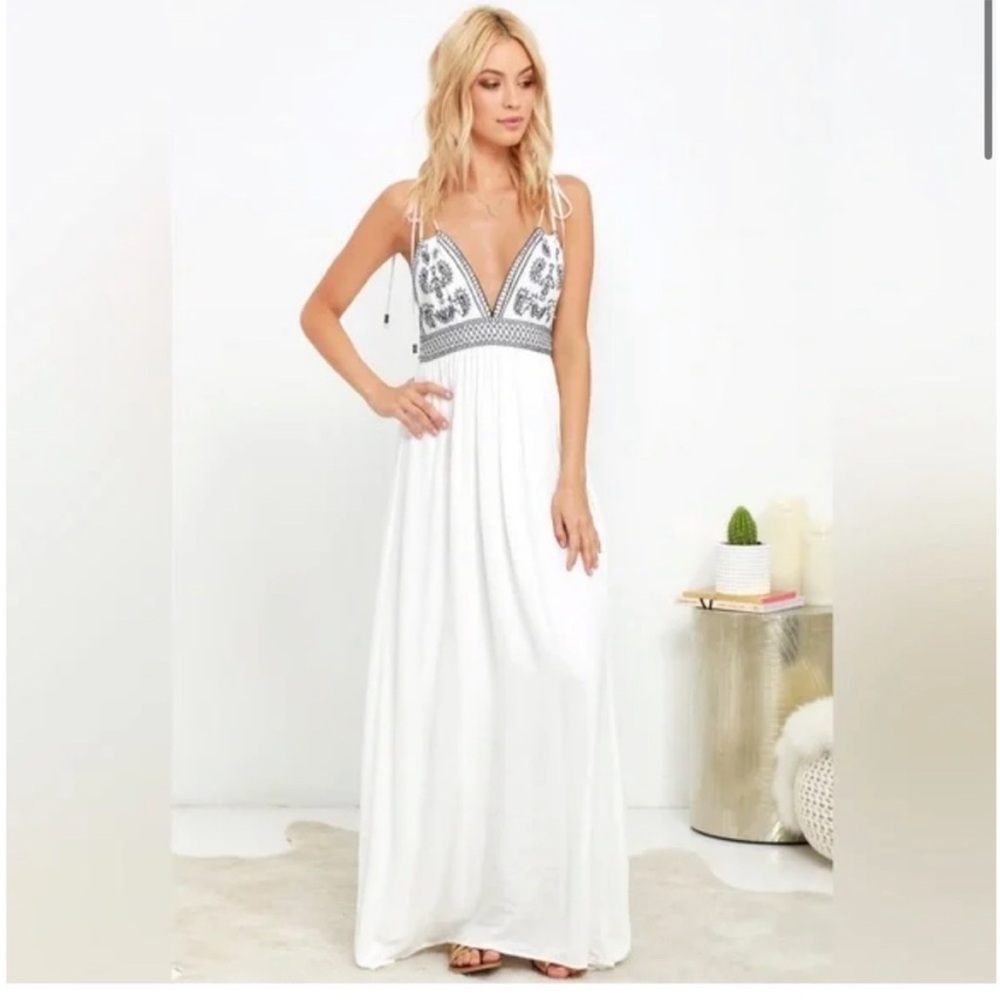 Lulus “Days of Sunlight” embroidered blue and white maxi dress